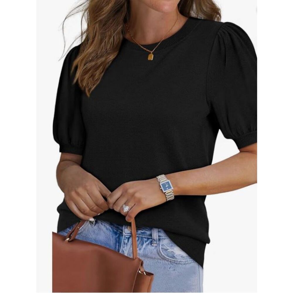 Wiholl Women's Black Puff Sleeve Short Sleeve Sweater Top Size Small